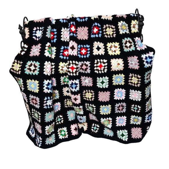 Colorful Hand-Crocheted Granny Square Blanket Multicolored Squares on Black Back - Picture 1 of 8